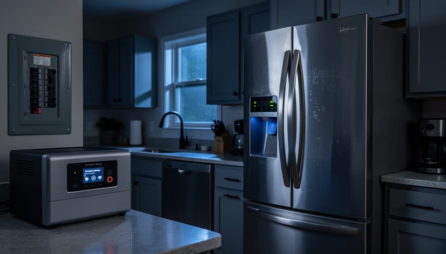 Illuminated refrigerator in dim room representing emergency backup power needs