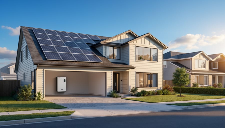 Modern suburban house with rooftop solar panels and a visible wall-mounted battery and inverter inside an open garage, photographed at eye level during golden hour, with neighboring homes softly in the background