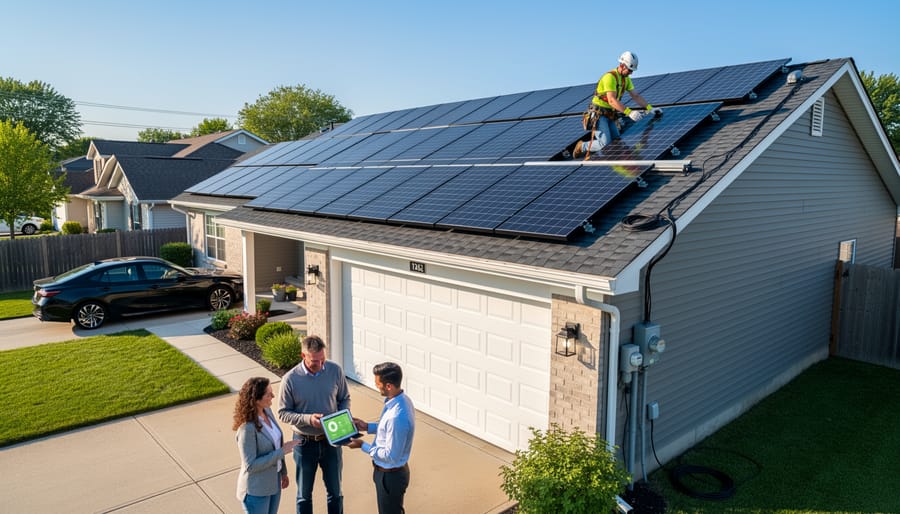Residential rooftop solar panel array installation on modern home