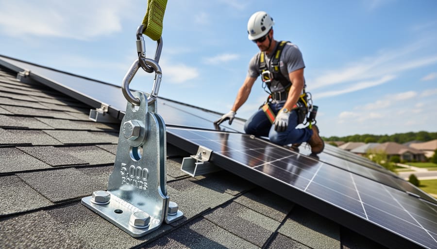 Close-up of metal roof anchor point with attached carabiner and safety lanyard on residential roof