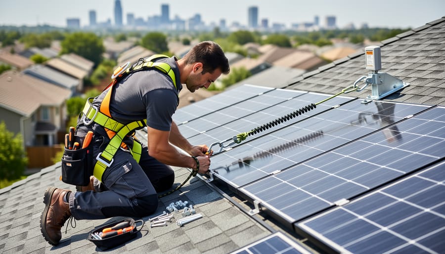 Construction worker on residential roof wearing yellow full-body safety harness with lanyard attached to roof anchor