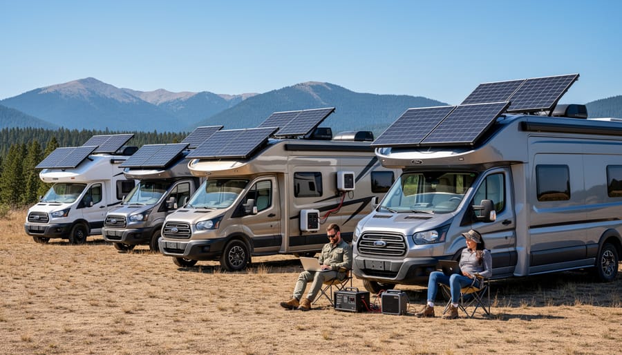 Camper van with rooftop solar panels parked in mountain wilderness setting