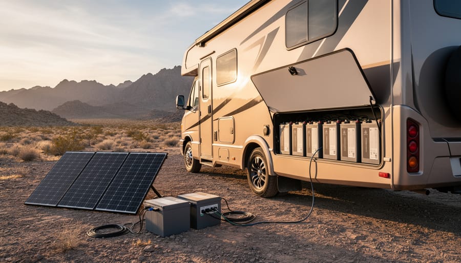 Solar panels and lithium battery system installed on RV roof with mountain backdrop
