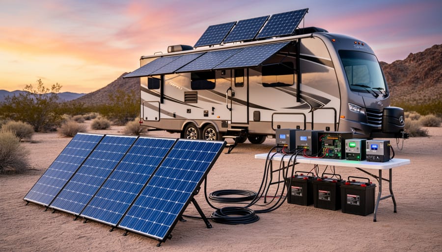 RV rooftop with solar panel array and roof-mounted equipment