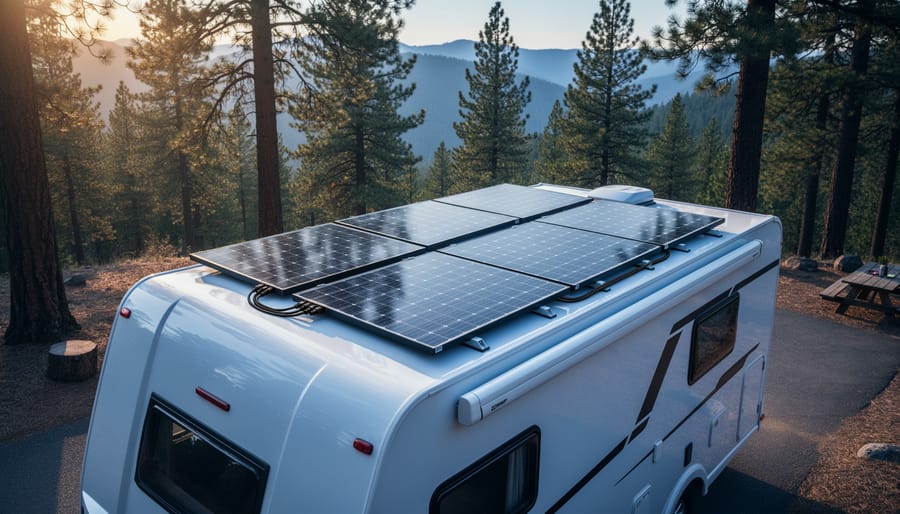 Overhead three-quarter view of an RV at golden hour with four rooftop solar panels connected in two pairs via Y-branch MC4 connectors, parked in a pine forest campsite with softly blurred trees and mountains in the background.