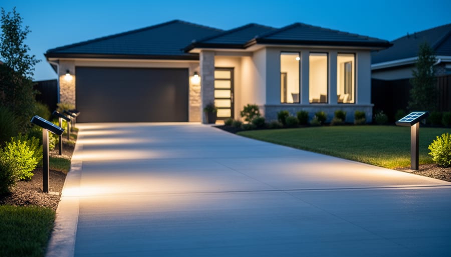 Illuminated solar driveway lights embedded along residential driveway edges at twilight