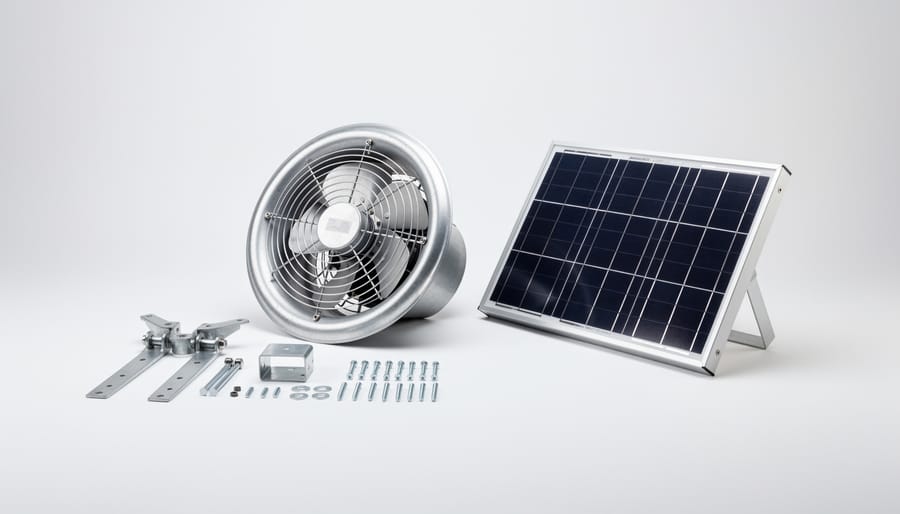 Solar attic fan components including solar panel and fan motor on workshop table