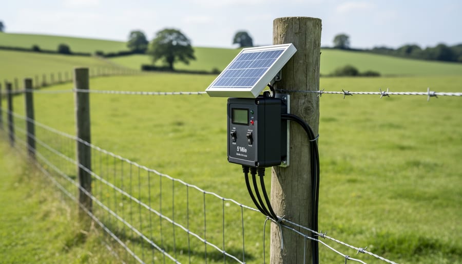 Solar fence charger unit mounted on wooden fence post in farm pasture