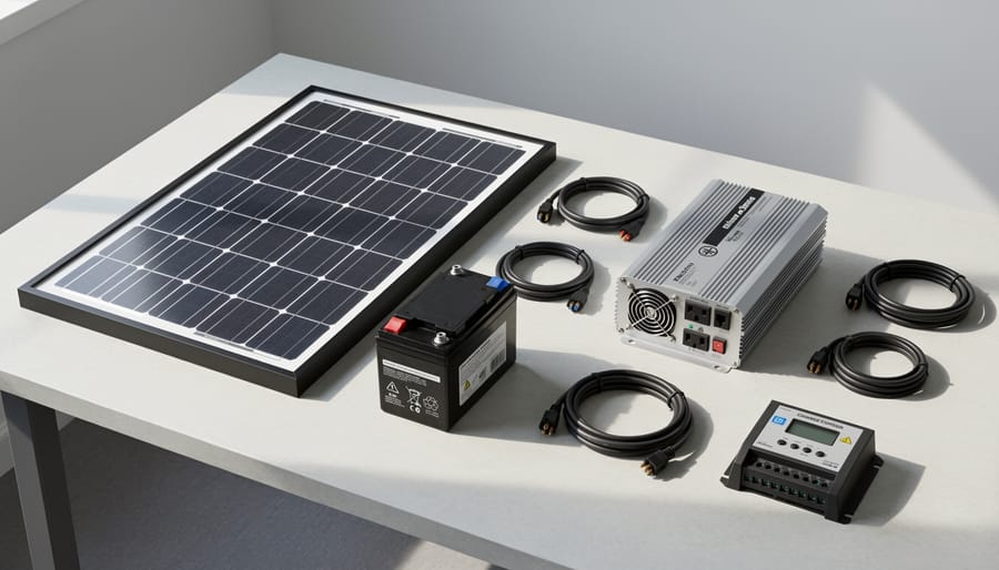 Overhead view of solar panel, charge controller, battery, and inverter components on workbench