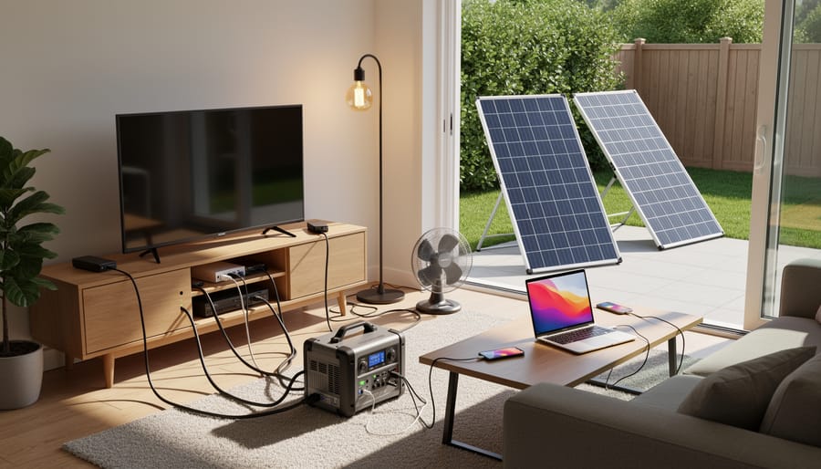 Multiple appliances including refrigerator, laptop, and lights powered by solar generator