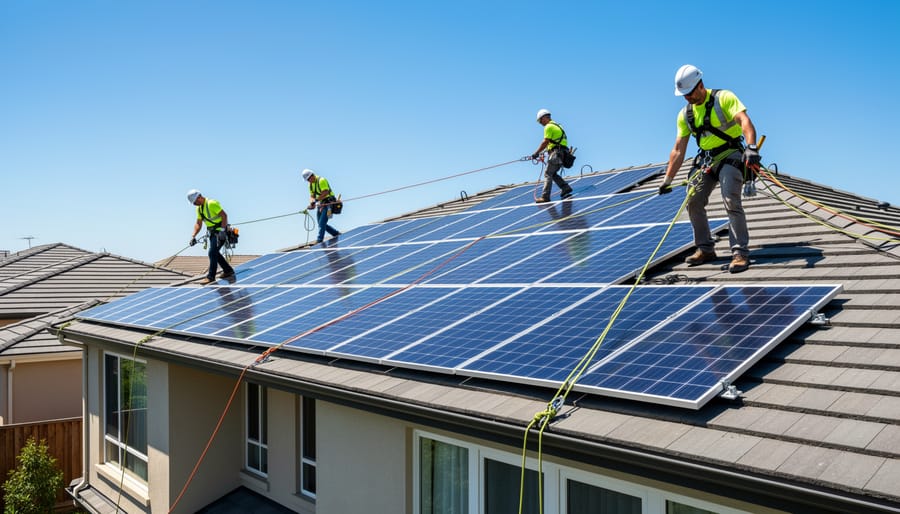 Two workers wearing safety harnesses installing solar panels on steep residential roof