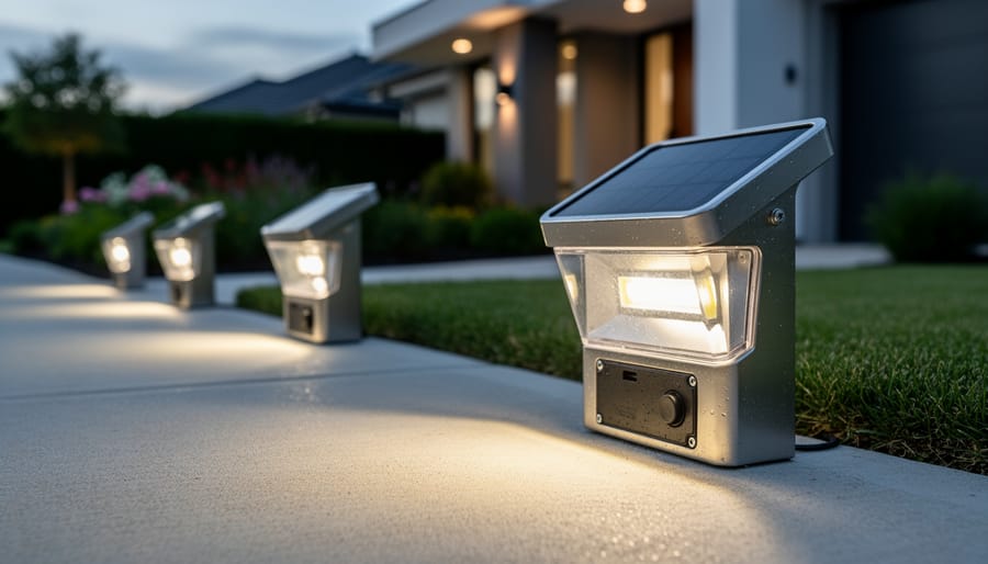 Close-up of solar driveway light showing solar panel and LED components