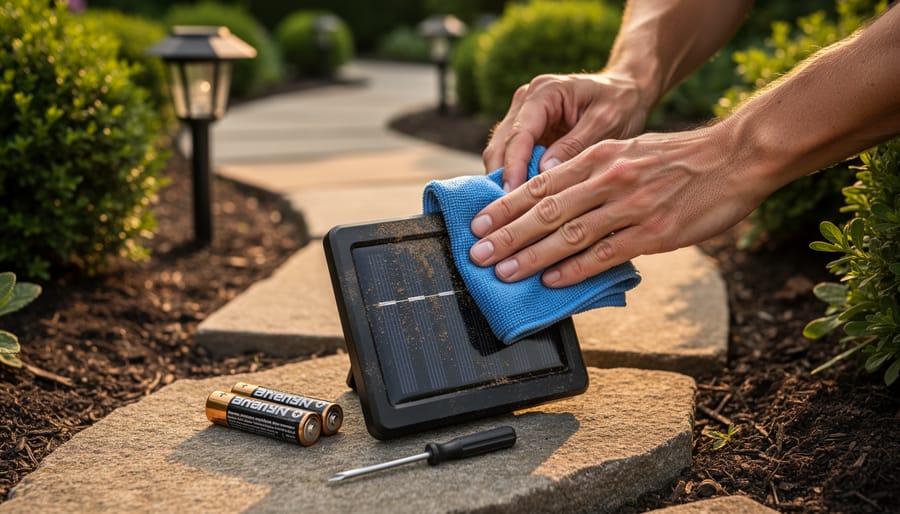 Close-up of hands wiping dirt from a solar path light’s panel on a garden stone, with replacement AA NiMH batteries and a small screwdriver beside it; blurred garden path lights and greenery in the background.
