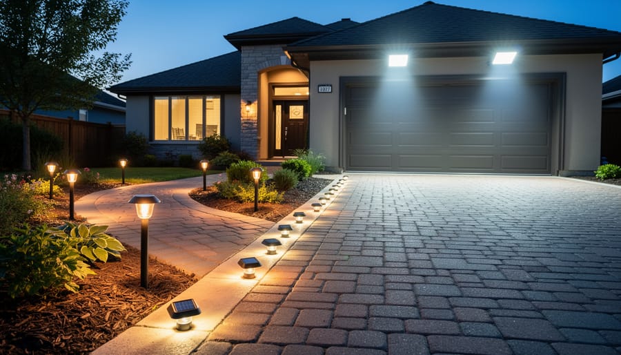 Overhead view showing various types of solar driveway lights installed along residential driveway