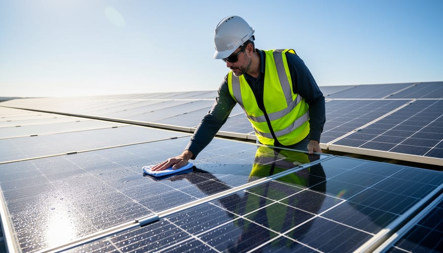 Homeowner cleaning solar panels on roof with brush and water