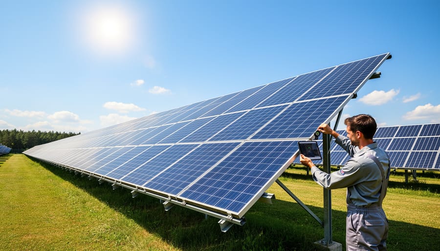 Hands adjusting solar power bank angle for optimal sun exposure while charging device