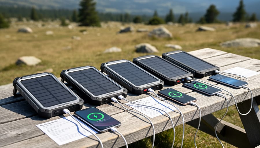 Solar power bank positioned in direct sunlight during outdoor camping field test