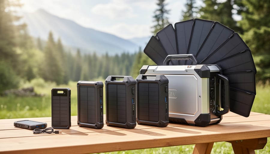 Three different sizes of solar power banks displayed on desert rock showing size comparison