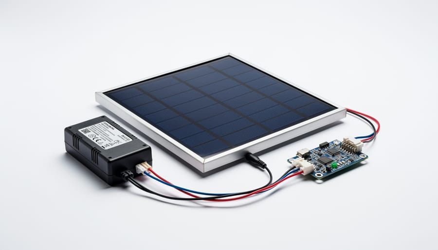 Close-up of solar panel, battery, and electronic components for pest repellent
