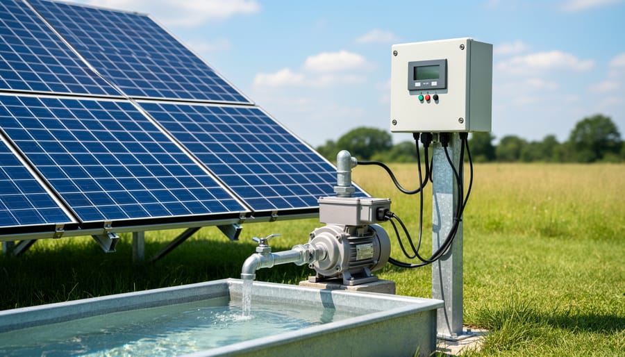 Solar water pump system components laid out including pump, panels, and controller