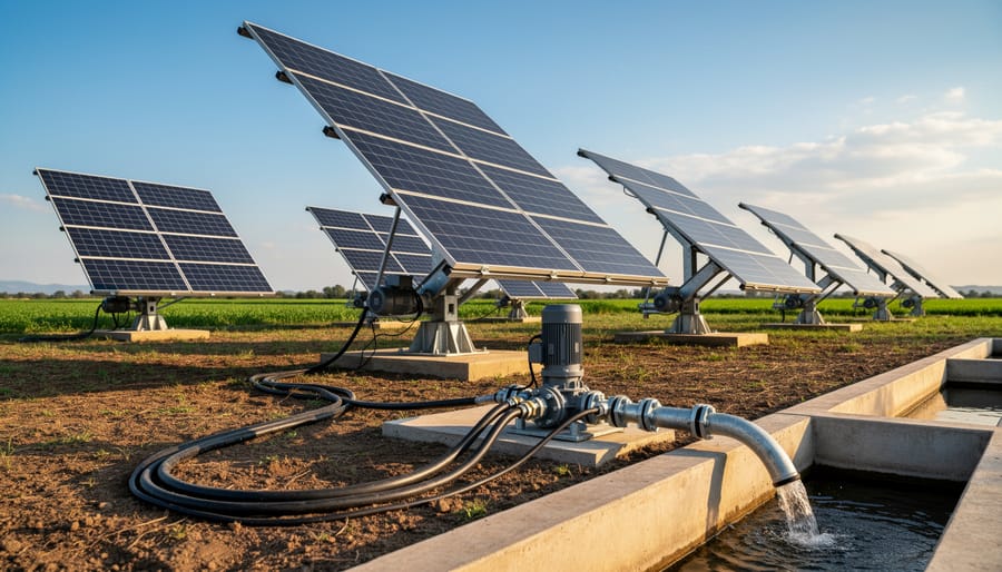 Solar panel array with auto-tracking mechanism mounted in agricultural field