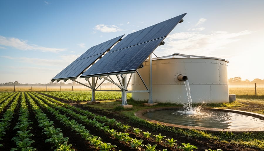 Dual-axis solar tracking panels angled toward the sun beside a farm water pump and round storage tank, water flowing through a pipe, with irrigated crop rows in the foreground and distant fields at golden hour.