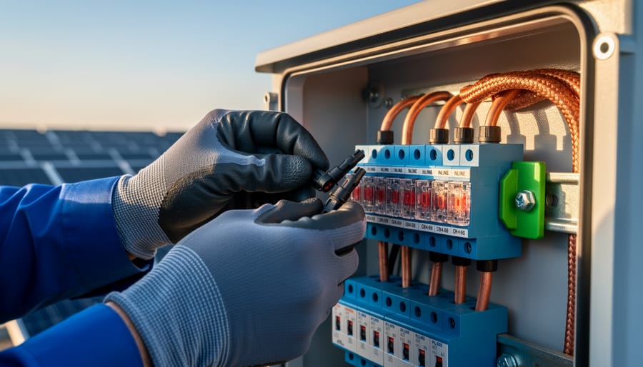 Gloved technician connects MC4 solar cables to a rooftop combiner box with inline fuses and a grounding lug, solar panels softly blurred in the background under warm side light.