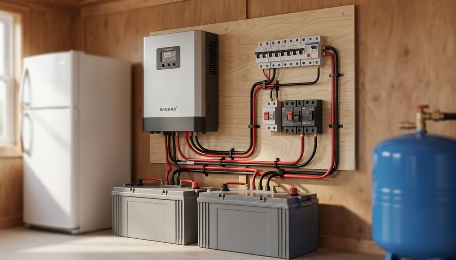 Off-grid inverter/charger mounted on a plywood panel next to a lithium battery bank in a tidy cabin utility corner, with a blurred refrigerator and blue well-pump pressure tank in the background, lit by soft daylight, no visible text or branding.