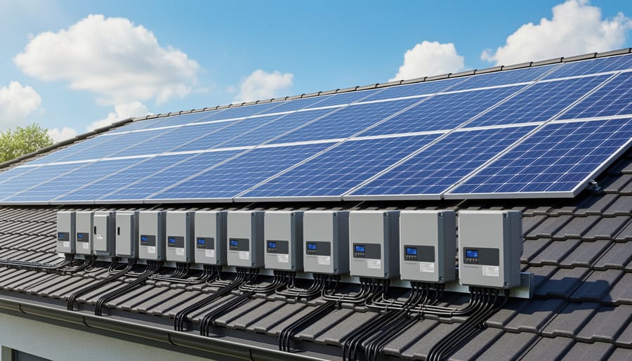 String inverter installed on residential wall with solar panels visible in background