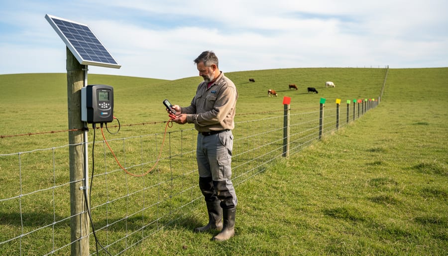 Hand holding voltage tester against electric fence wire showing power reading