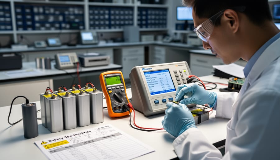 Person using multimeter to test lithium battery voltage and connections