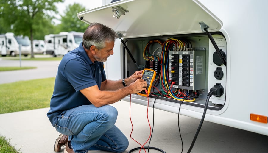 Hands using digital multimeter to test RV electrical system voltage