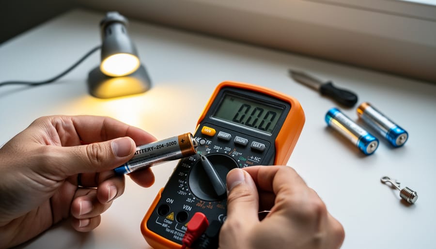 Hands using multimeter to test solar light battery voltage during troubleshooting