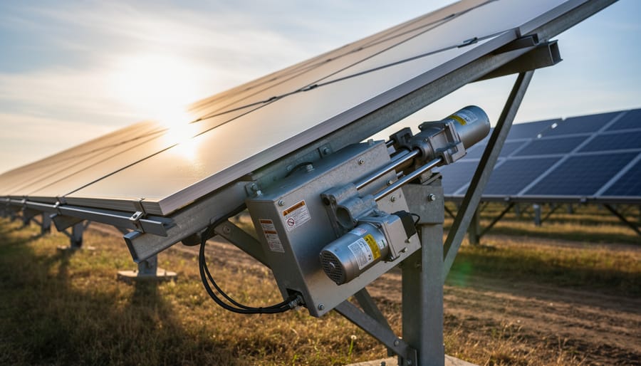 Close-up of dual-axis solar tracking motor and actuator mechanism