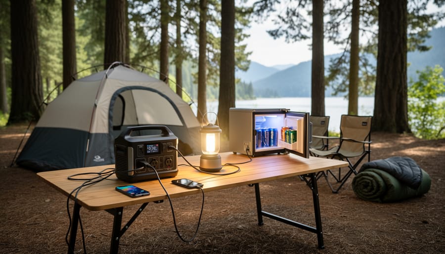 Solar generator with panels set up at camping site with tent
