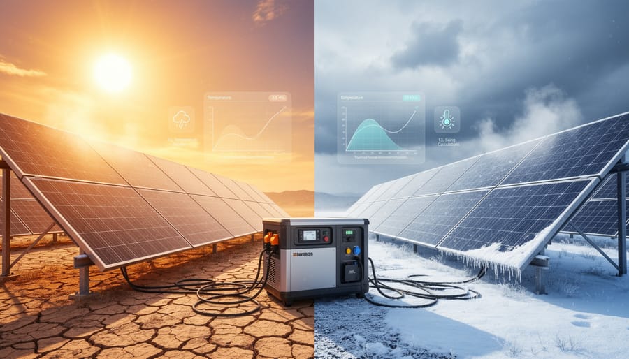 Snow-covered solar panels on overcast winter day