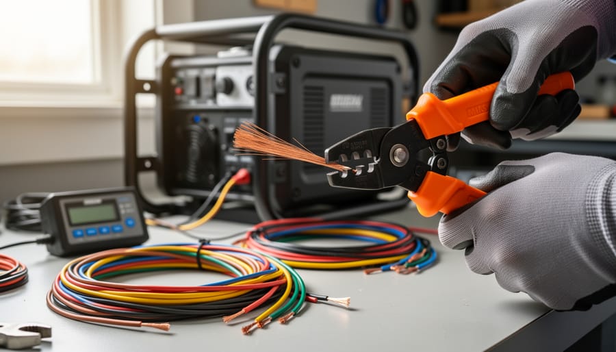 Close-up of hands using wire strippers on electrical cables during solar generator assembly