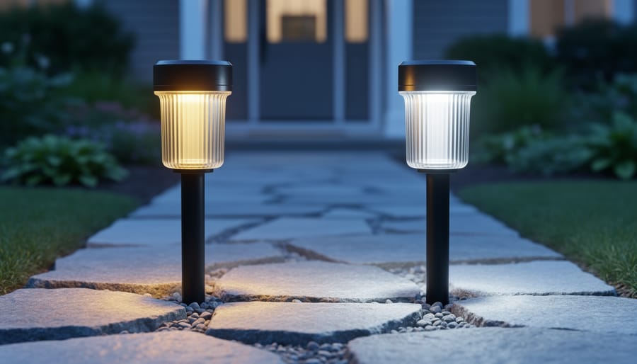 Two solar garden path lights at dusk on a stone walkway, one glowing yellow and the other bright white, with a softly blurred yard and house entry in the background.