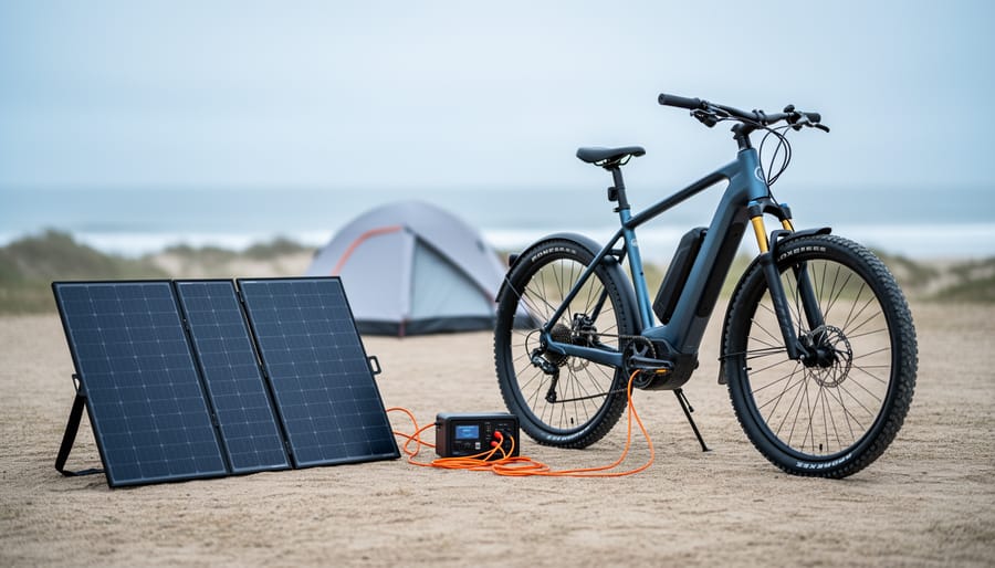48V electric bike connected to two foldable solar panels and an MPPT charge controller at a coastal campsite, cables running to the battery with dunes and ocean softly blurred behind.