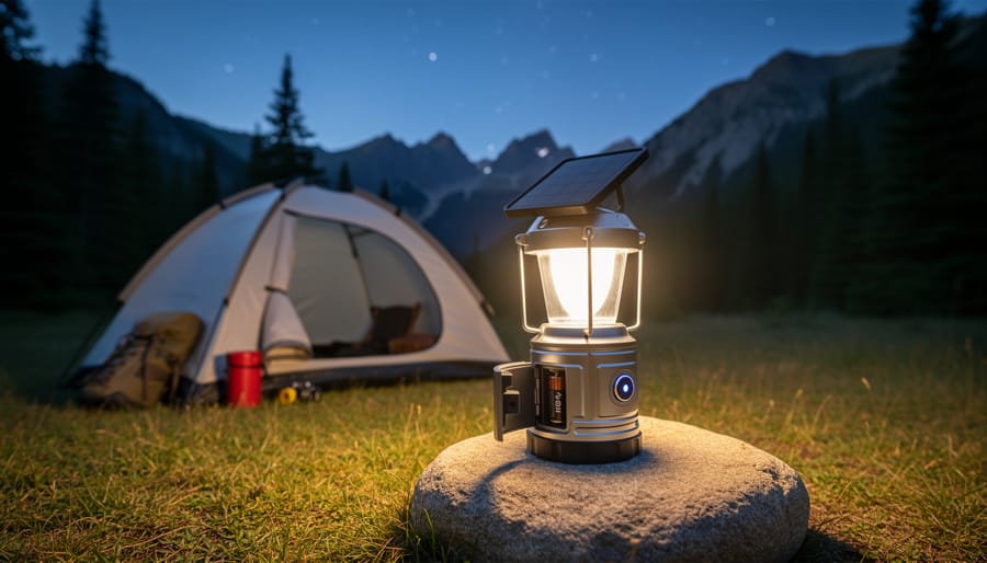LED camping lantern powered by 9V battery glowing on picnic table at dusk