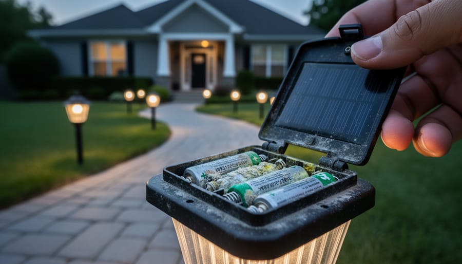 Corroded AA battery next to clean 9V rechargeable battery showing battery degradation