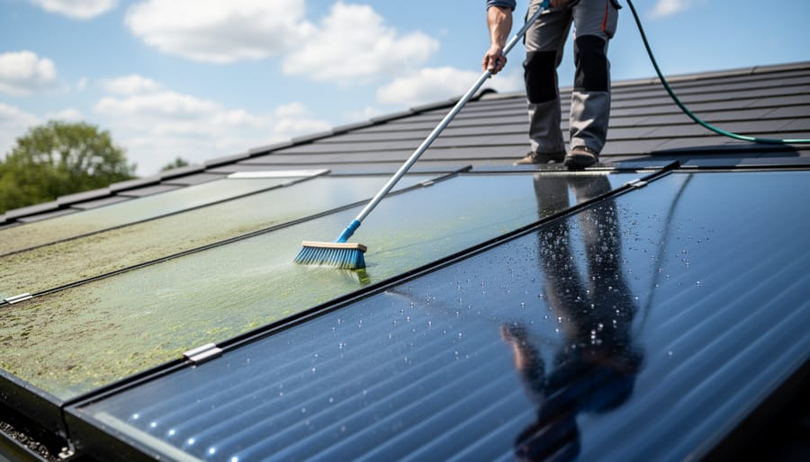 Hand cleaning algae from solar pool heater panel with soft brush
