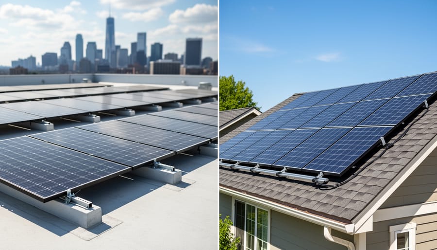 Close-up of commercial solar panel mounting hardware and ballasted racking system