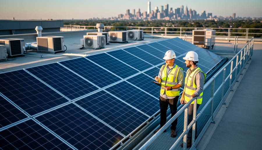 Two professionals in hard hats evaluate a flat commercial rooftop covered with solar panels, with HVAC equipment and maintenance walkways visible; warm evening light and a softly blurred city skyline in the background.