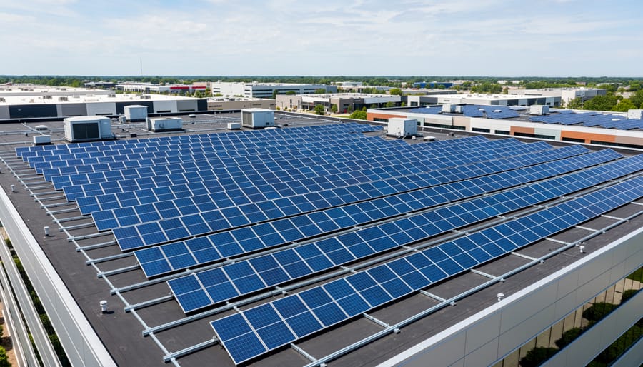 Aerial view of commercial building rooftop covered with rows of solar panels