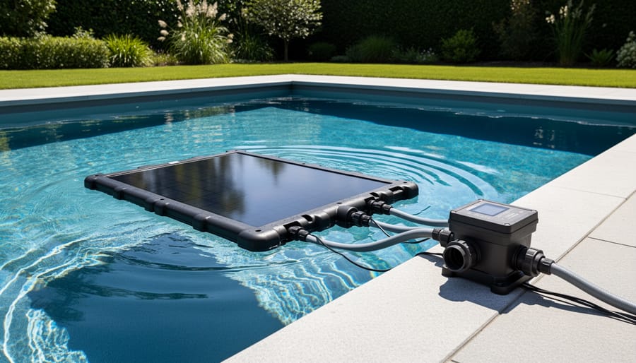 Backyard swimming pool with floating solar heater and circulation pump during golden hour