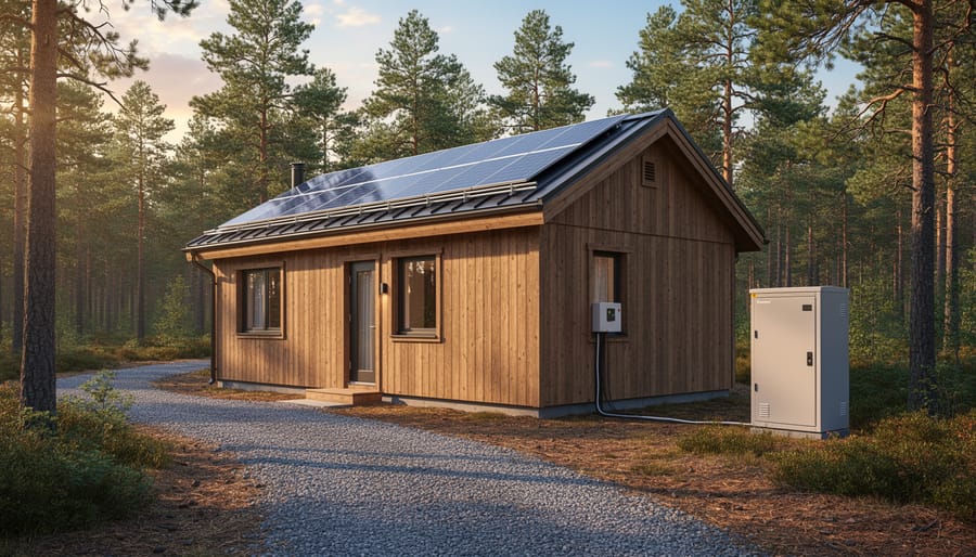 Off-grid wooden cabin with roof-mounted solar panels and a weatherproof battery bank enclosure beside it at golden hour, set in a pine forest, illustrating a compact DC microgrid arrangement without visible equipment labels.
