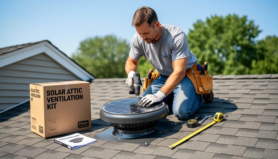 Homeowner installing solar attic fan mounting hardware with cordless drill