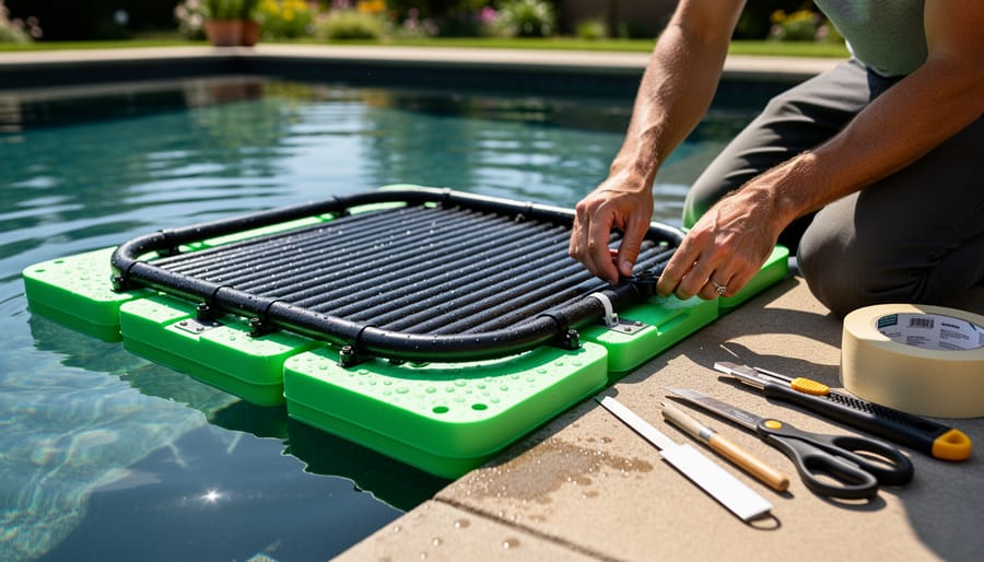 Close-up of hands assembling solar pool heater components with PVC tubing and foam board
