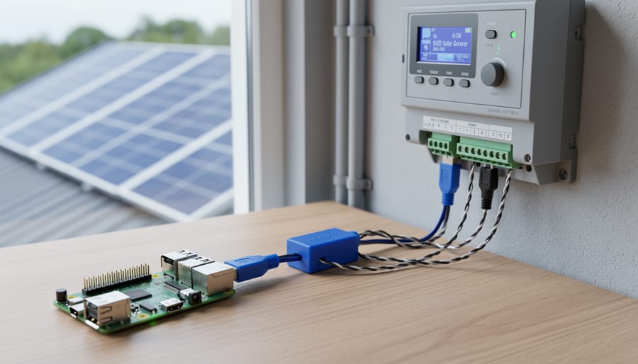 Raspberry Pi connected via a USB-to-RS485 adapter and twisted-pair cable to a wall-mounted solar charge controller, with wiring in sharp focus and solar panels blurred in the background.